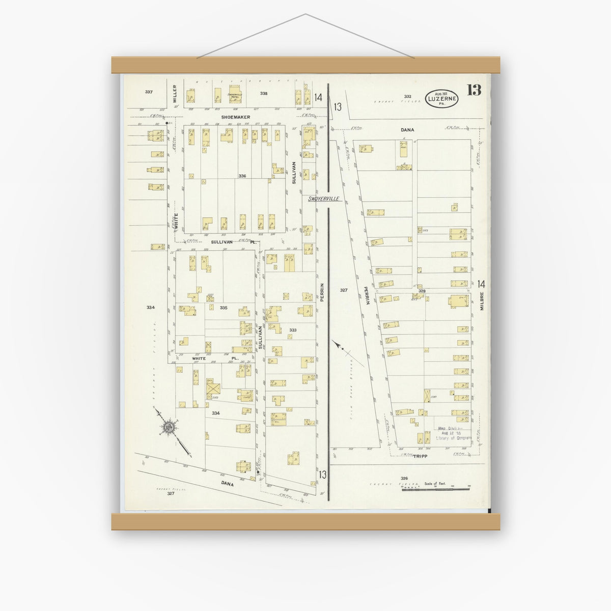 Old map wall art mockup — magnetic wood frame on white wall — Sanborn Fire Insurance Map from Luzerne, Luzerne County, Pennsylvania (1911), Sheet #0013