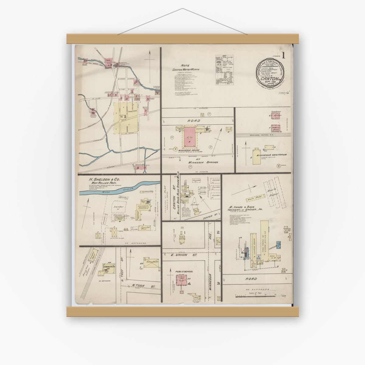 Old map wall art mockup — magnetic wood frame on white wall — Sanborn Fire Insurance Map from Canton, Bradford County, Pennsylvania (1885), Sheet #0001