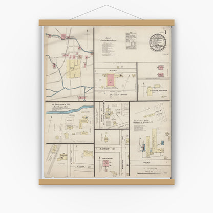 Old map wall art mockup — magnetic wood frame on white wall — Sanborn Fire Insurance Map from Canton, Bradford County, Pennsylvania (1885), Sheet #0001