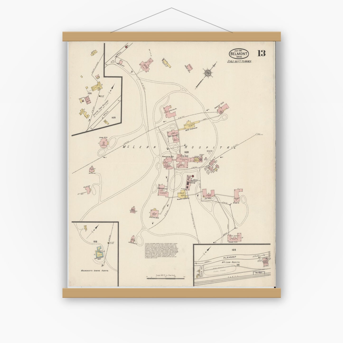 Old map wall art mockup — magnetic wood frame on white wall — Sanborn Fire Insurance Map from Belmont, Middlesex County, Massachusetts (1915), Sheet #0013