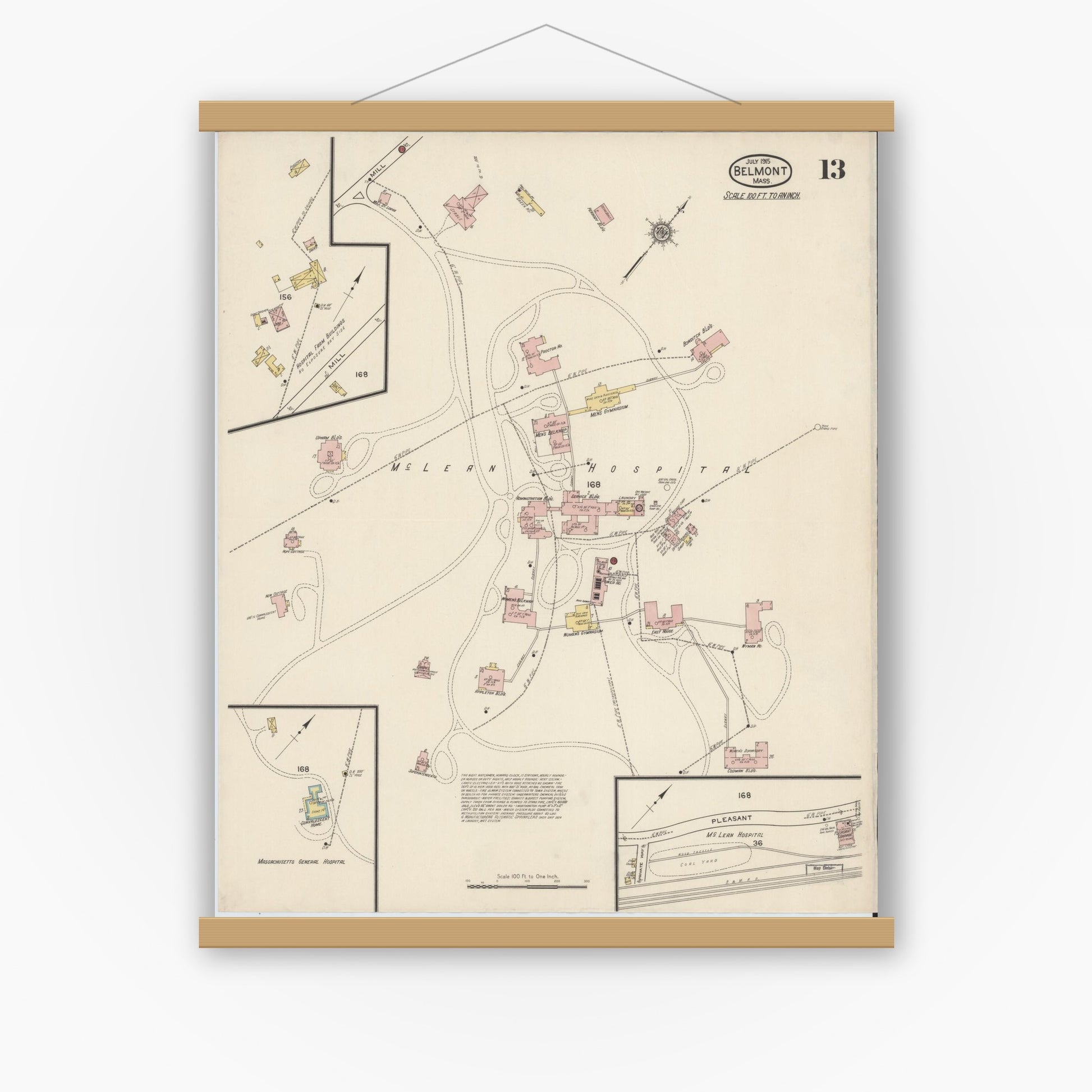 Old map wall art mockup — magnetic wood frame on white wall — Sanborn Fire Insurance Map from Belmont, Middlesex County, Massachusetts (1915), Sheet #0013