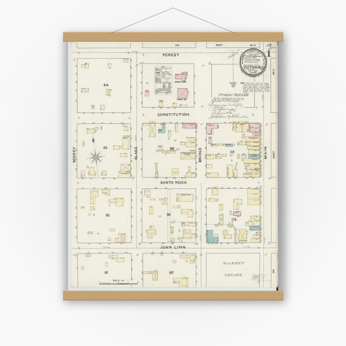 Old map wall art mockup — magnetic wood frame on white wall — Sanborn Fire Insurance Map from Victoria, Victoria County, Texas (1891), Sheet #0001