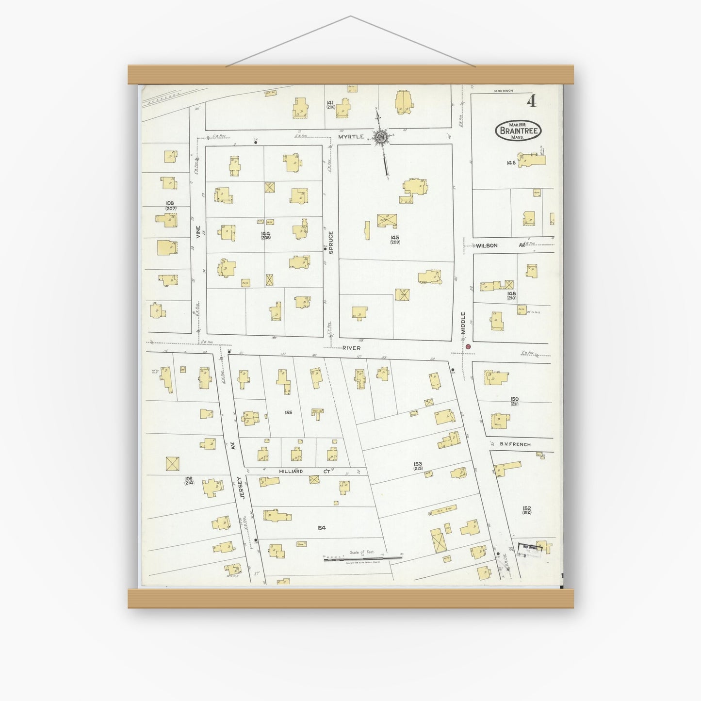 Old map wall art mockup — magnetic wood frame on white wall — Sanborn Fire Insurance Map from Braintree, Norfolk County, Massachusetts (1919), Sheet #0004