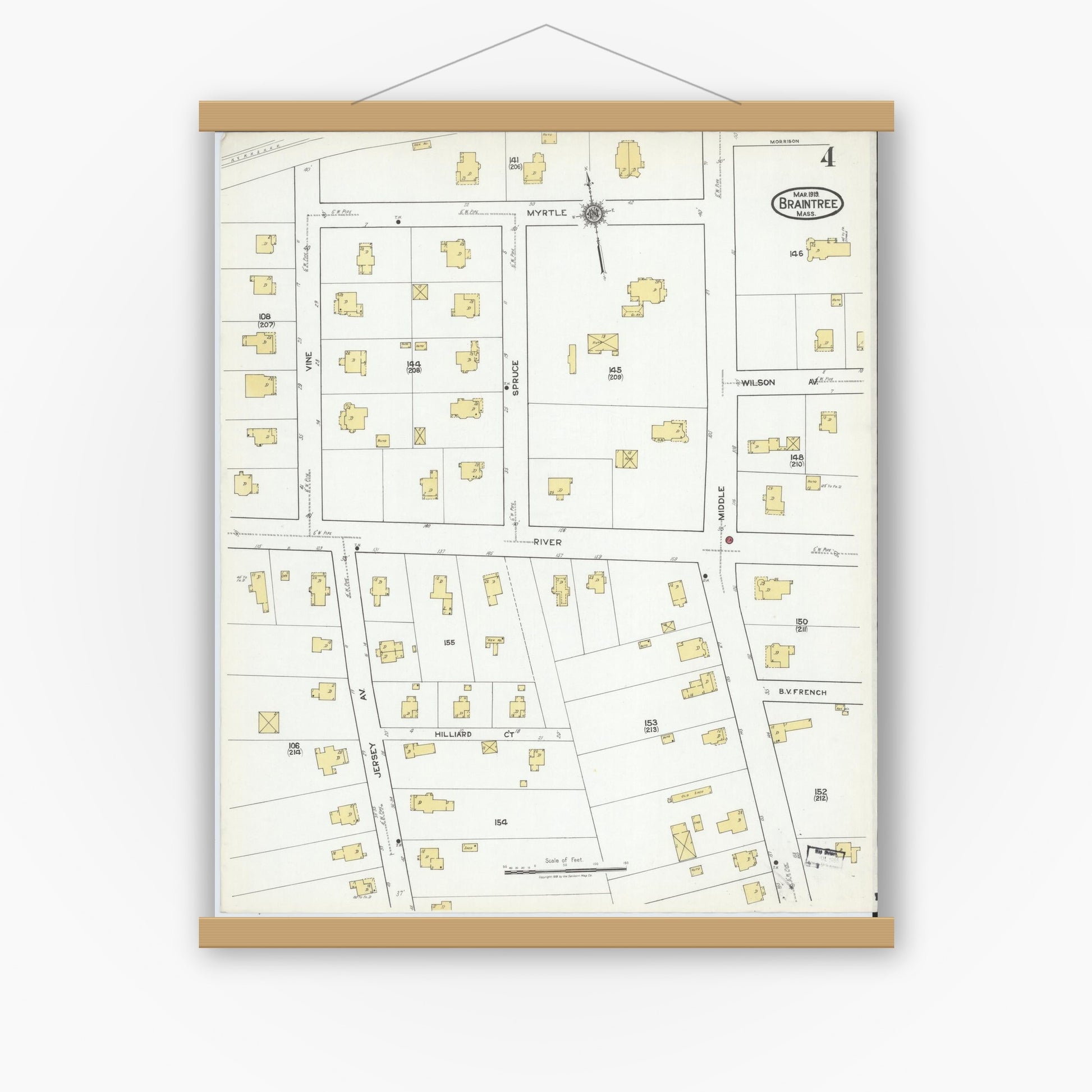 Old map wall art mockup — magnetic wood frame on white wall — Sanborn Fire Insurance Map from Braintree, Norfolk County, Massachusetts (1919), Sheet #0004