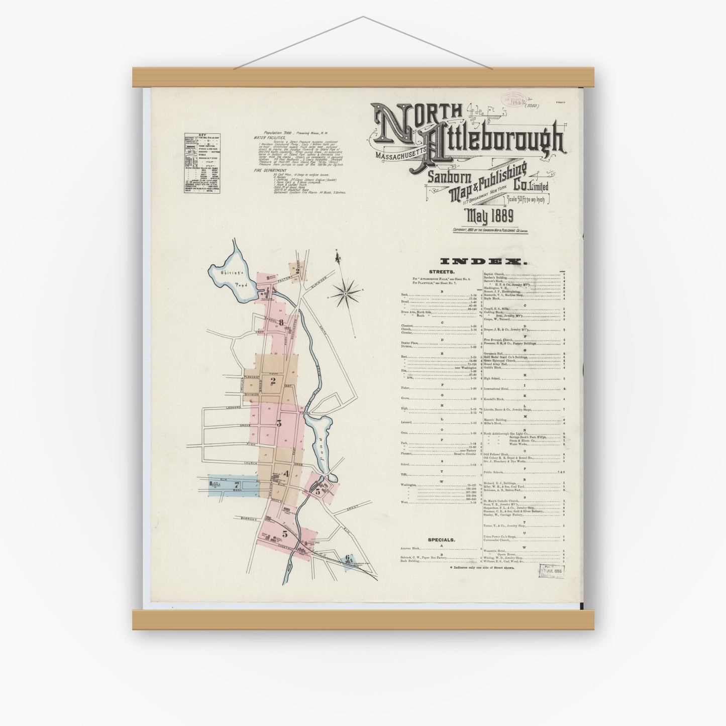 Old map wall art mockup — magnetic wood frame on white wall — Sanborn Fire Insurance Map from North Attleborough, Bristol County, Massachusetts (1889) - Complete Map Set