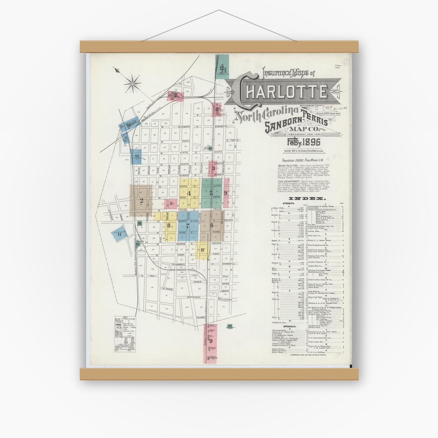 Old map wall art mockup — magnetic wood frame on white wall — Sanborn Fire Insurance Map from Charlotte, Mecklenburg County, North Carolina (1896) - Complete Map Set