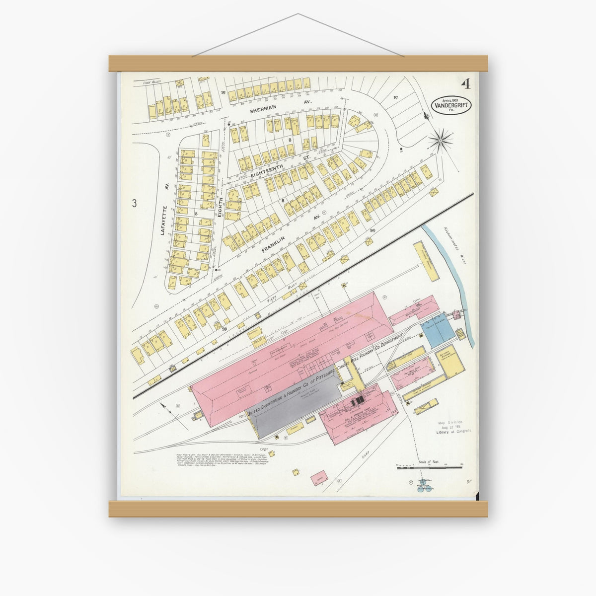 Old map wall art mockup — magnetic wood frame on white wall — Sanborn Fire Insurance Map from Vandergrift, Westmoreland County, Pennsylvania (1909), Sheet #0004