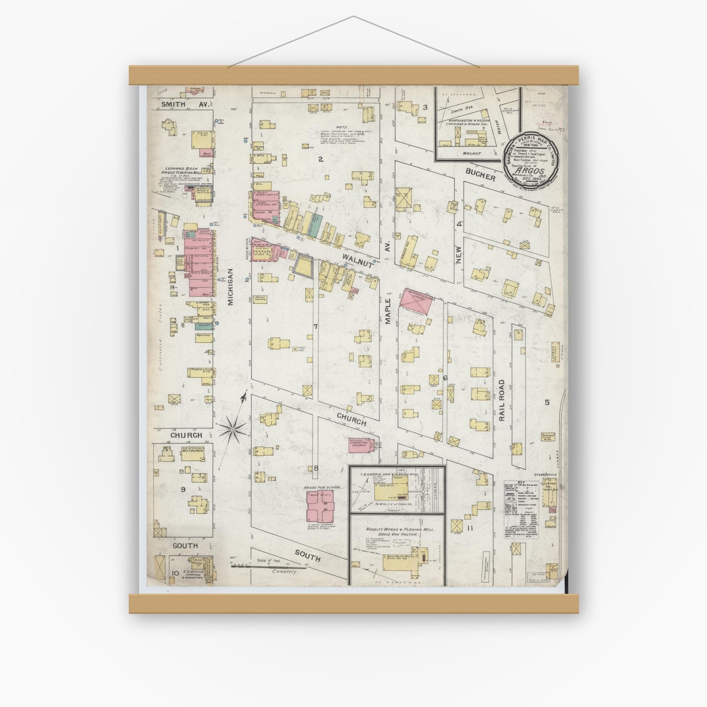 Old map wall art mockup — magnetic wood frame on white wall — Sanborn Fire Insurance Map from Argos, Marshall County, Indiana (1892), Sheet #0001