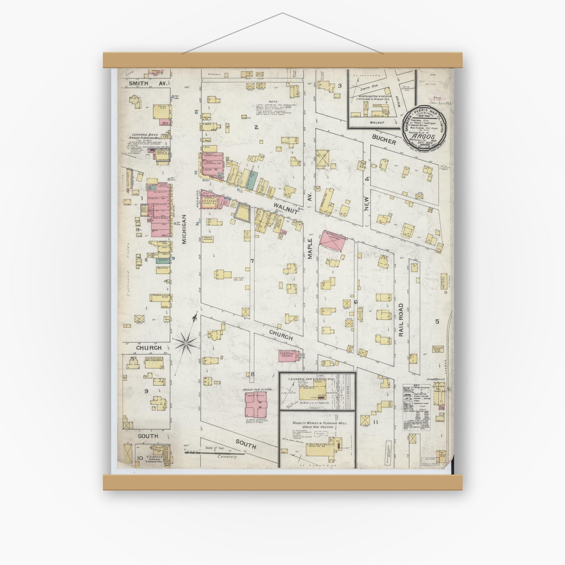 Old map wall art mockup — magnetic wood frame on white wall — Sanborn Fire Insurance Map from Argos, Marshall County, Indiana (1892), Sheet #0001