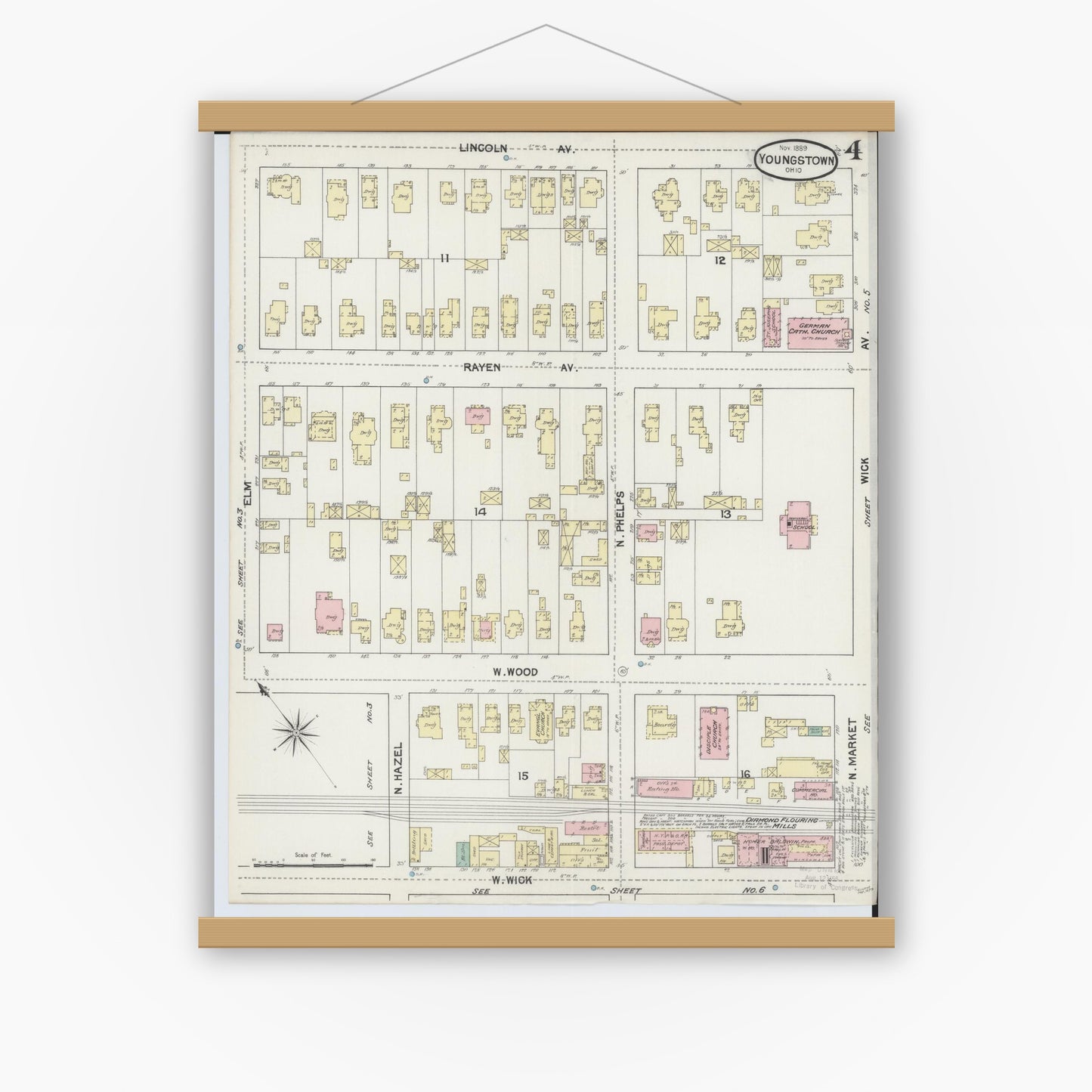 Old map wall art mockup — magnetic wood frame on white wall — Sanborn Fire Insurance Map from Youngstown, Mahoning County, Ohio (1889), Sheet #0004