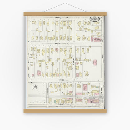 Old map wall art mockup — magnetic wood frame on white wall — Sanborn Fire Insurance Map from Youngstown, Mahoning County, Ohio (1889), Sheet #0004