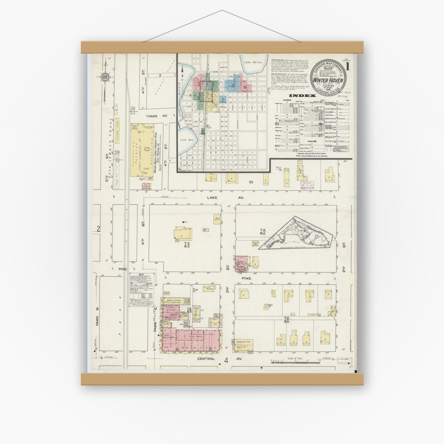 Old map wall art mockup — magnetic wood frame on white wall — Sanborn Fire Insurance Map from Winter Haven, Polk County, Florida (1914) - Complete Map Set