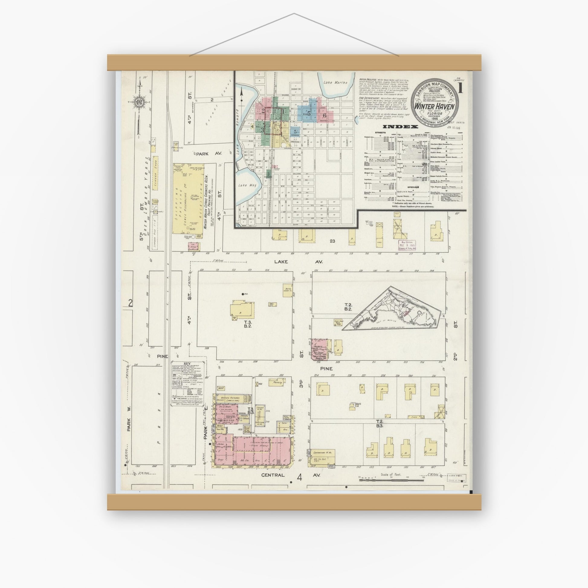 Old map wall art mockup — magnetic wood frame on white wall — Sanborn Fire Insurance Map from Winter Haven, Polk County, Florida (1914) - Complete Map Set