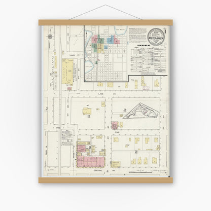 Old map wall art mockup — magnetic wood frame on white wall — Sanborn Fire Insurance Map from Winter Haven, Polk County, Florida (1914) - Complete Map Set