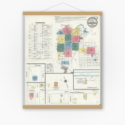 Old map wall art mockup — magnetic wood frame on white wall — Sanborn Fire Insurance Map from Brownwood, Brown County, Texas (1909), Sheet #0001