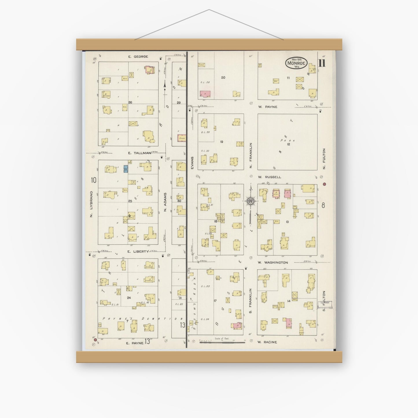 Old map wall art mockup — magnetic wood frame on white wall — Sanborn Fire Insurance Map from Monroe, Green County, Wisconsin (1915), Sheet #0011