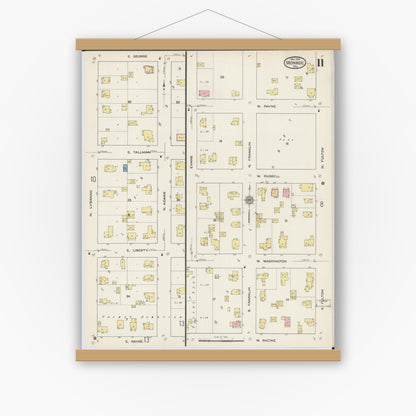Old map wall art mockup — magnetic wood frame on white wall — Sanborn Fire Insurance Map from Monroe, Green County, Wisconsin (1915), Sheet #0011