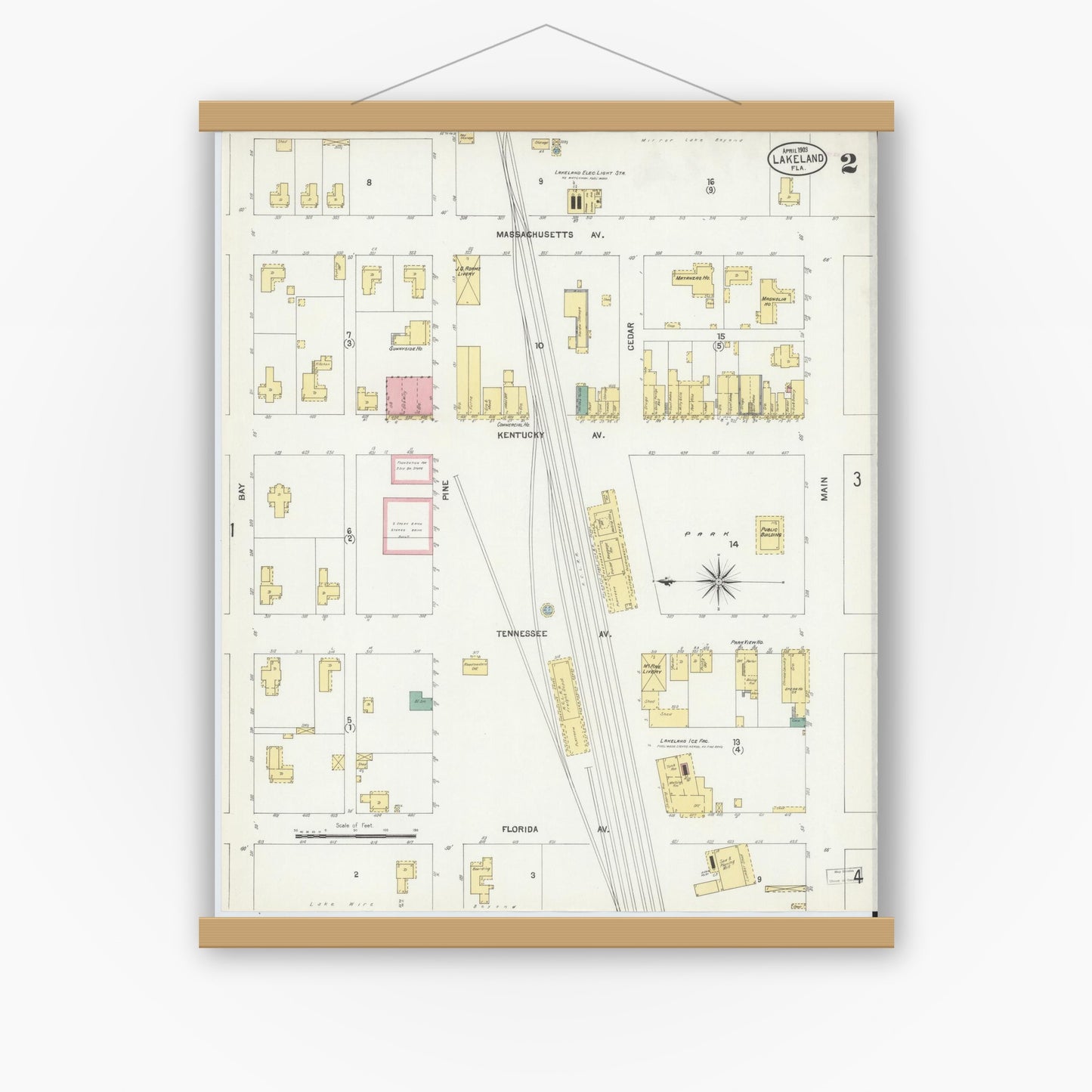 Old map wall art mockup — magnetic wood frame on white wall — Sanborn Fire Insurance Map from Lakeland, Polk County, Florida (1903), Sheet #0002