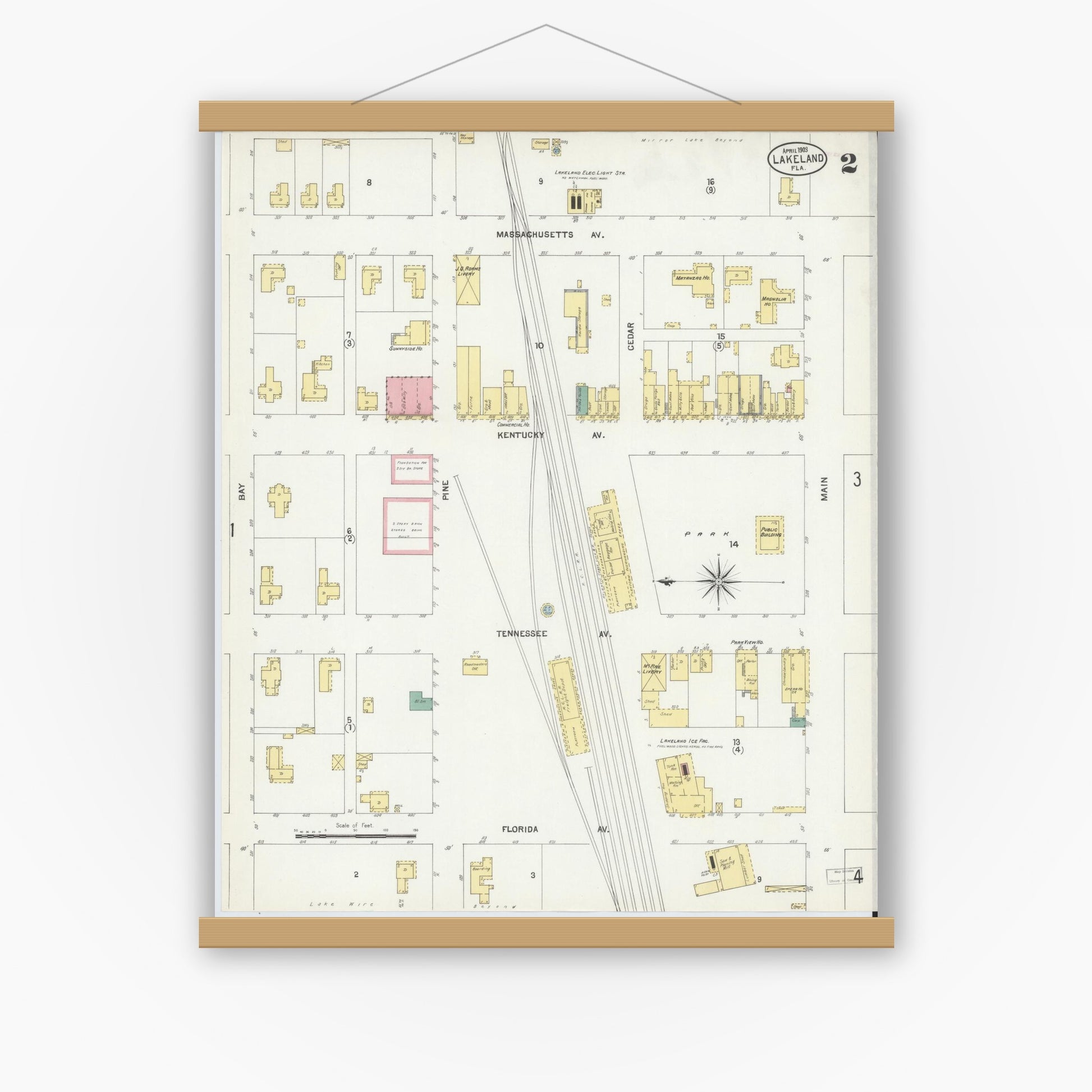 Old map wall art mockup — magnetic wood frame on white wall — Sanborn Fire Insurance Map from Lakeland, Polk County, Florida (1903), Sheet #0002