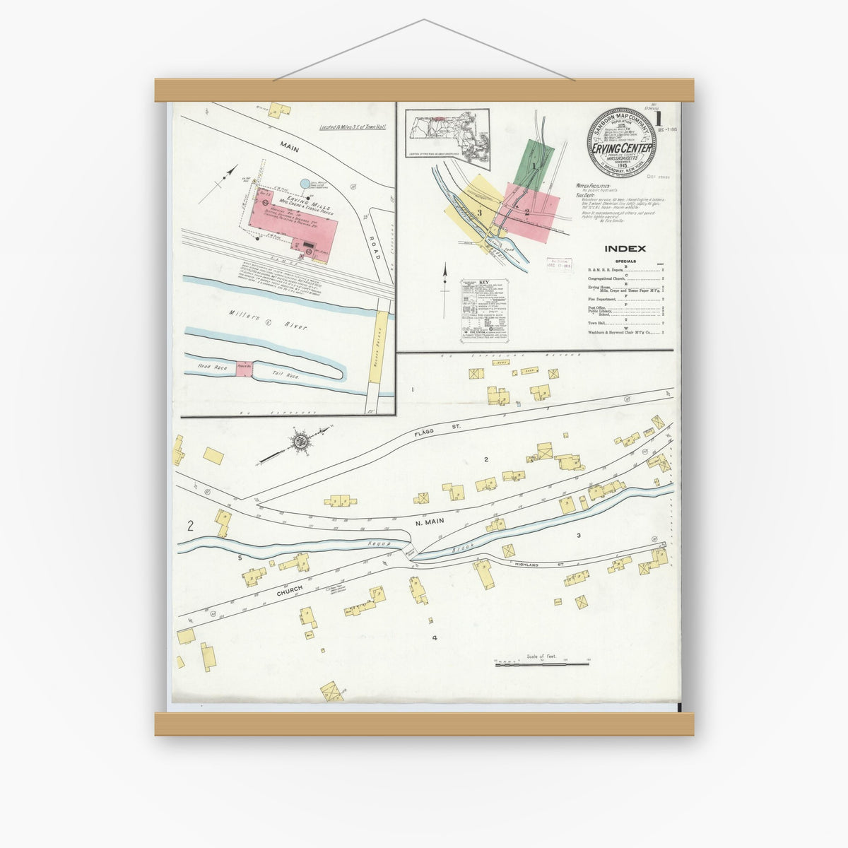 Old map wall art mockup — magnetic wood frame on white wall — Sanborn Fire Insurance Map from Erving Center, Franklin County, Massachusetts (1915), Sheet #0001