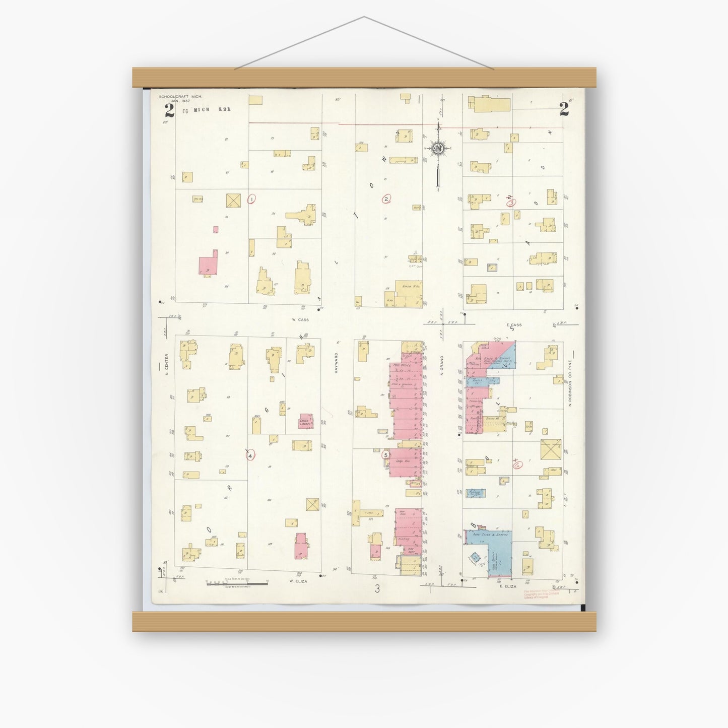 Old map wall art mockup — magnetic wood frame on white wall — Sanborn Fire Insurance Map from Schoolcraft, Kalamazoo County, Michigan (1937), Sheet #0002