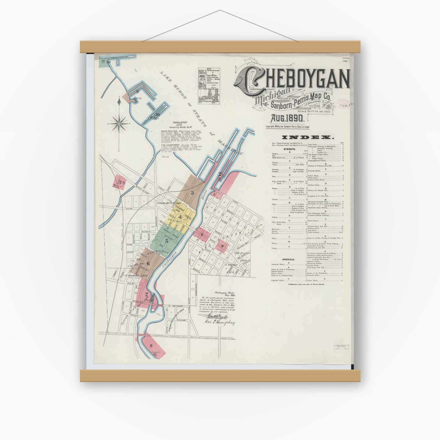 Old map wall art mockup — magnetic wood frame on white wall — Sanborn Fire Insurance Map from Cheboygan, Cheboygan County, Michigan (1890) - Complete Map Set