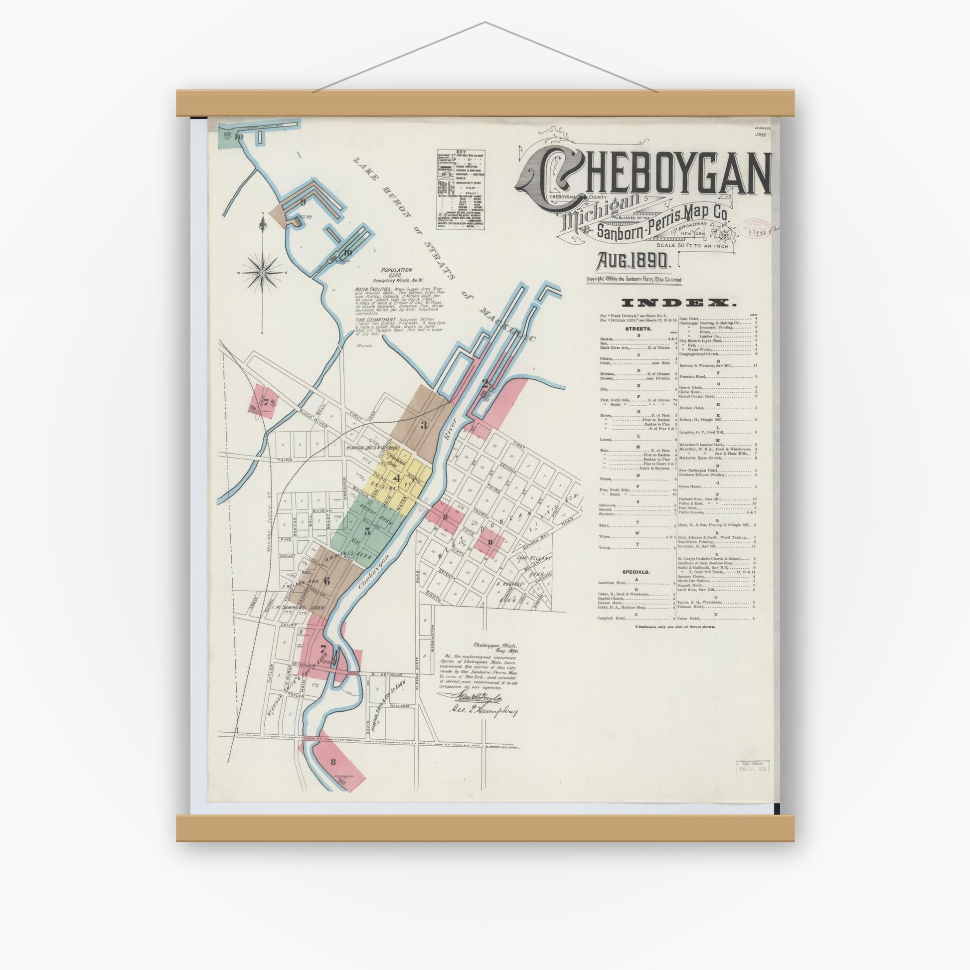 Old map wall art mockup — magnetic wood frame on white wall — Sanborn Fire Insurance Map from Cheboygan, Cheboygan County, Michigan (1890) - Complete Map Set