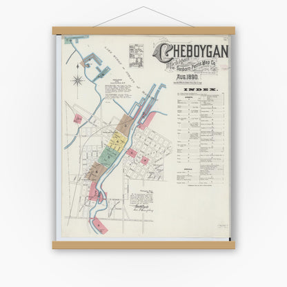 Old map wall art mockup — magnetic wood frame on white wall — Sanborn Fire Insurance Map from Cheboygan, Cheboygan County, Michigan (1890) - Complete Map Set