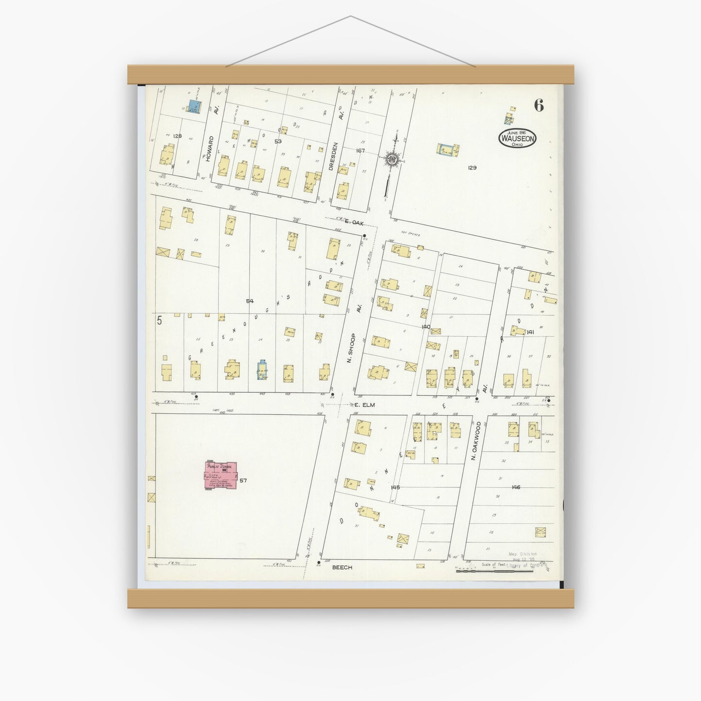 Old map wall art mockup — magnetic wood frame on white wall — Sanborn Fire Insurance Map from Wauseon, Fulton County, Ohio (1916), Sheet #0006
