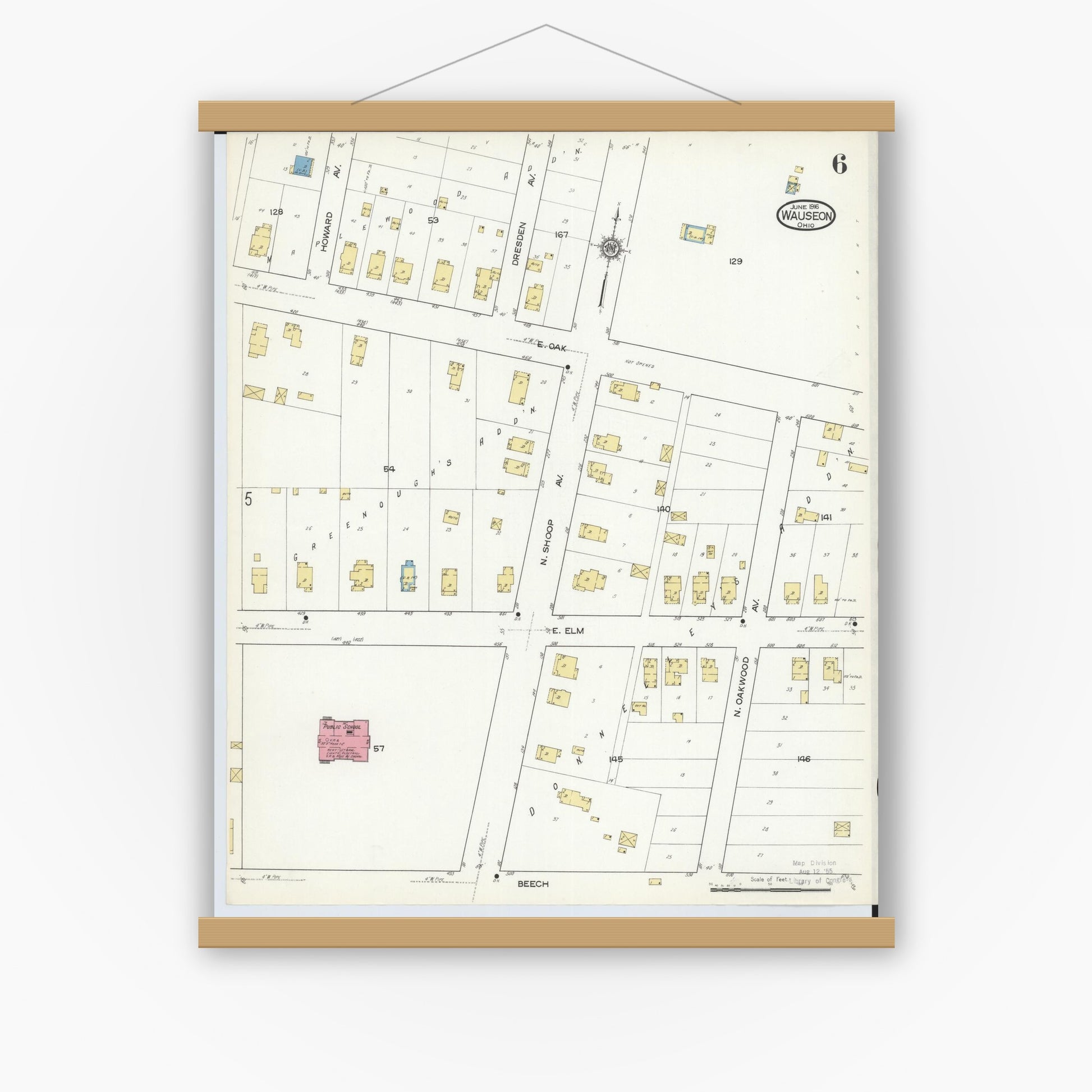 Old map wall art mockup — magnetic wood frame on white wall — Sanborn Fire Insurance Map from Wauseon, Fulton County, Ohio (1916), Sheet #0006
