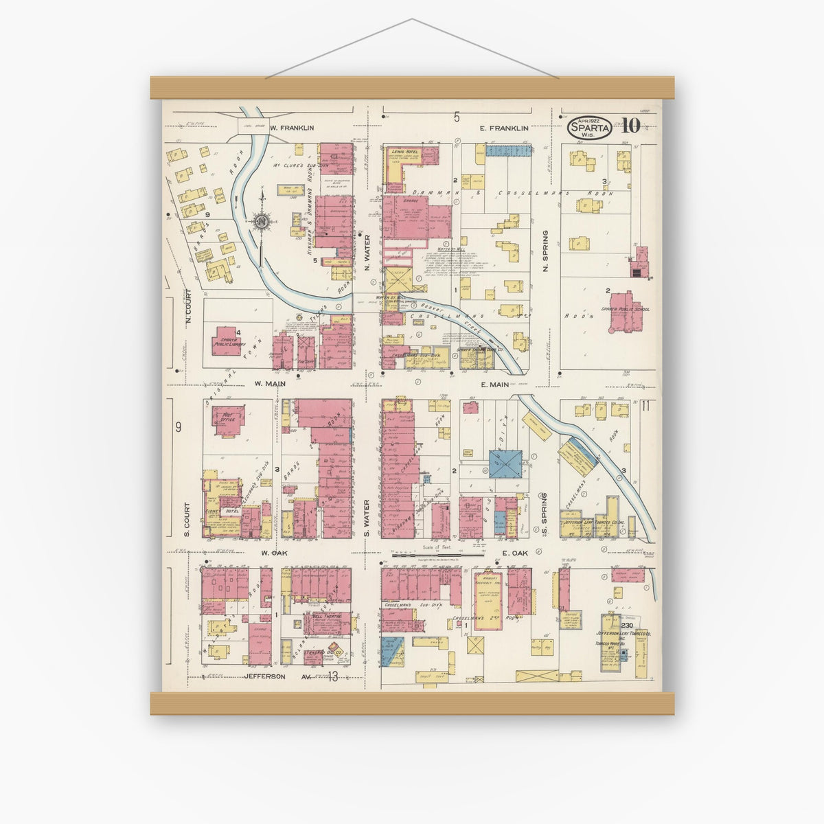 Old map wall art mockup — magnetic wood frame on white wall — Sanborn Fire Insurance Map from Sparta, Monroe County, Wisconsin (1922), Sheet #0010
