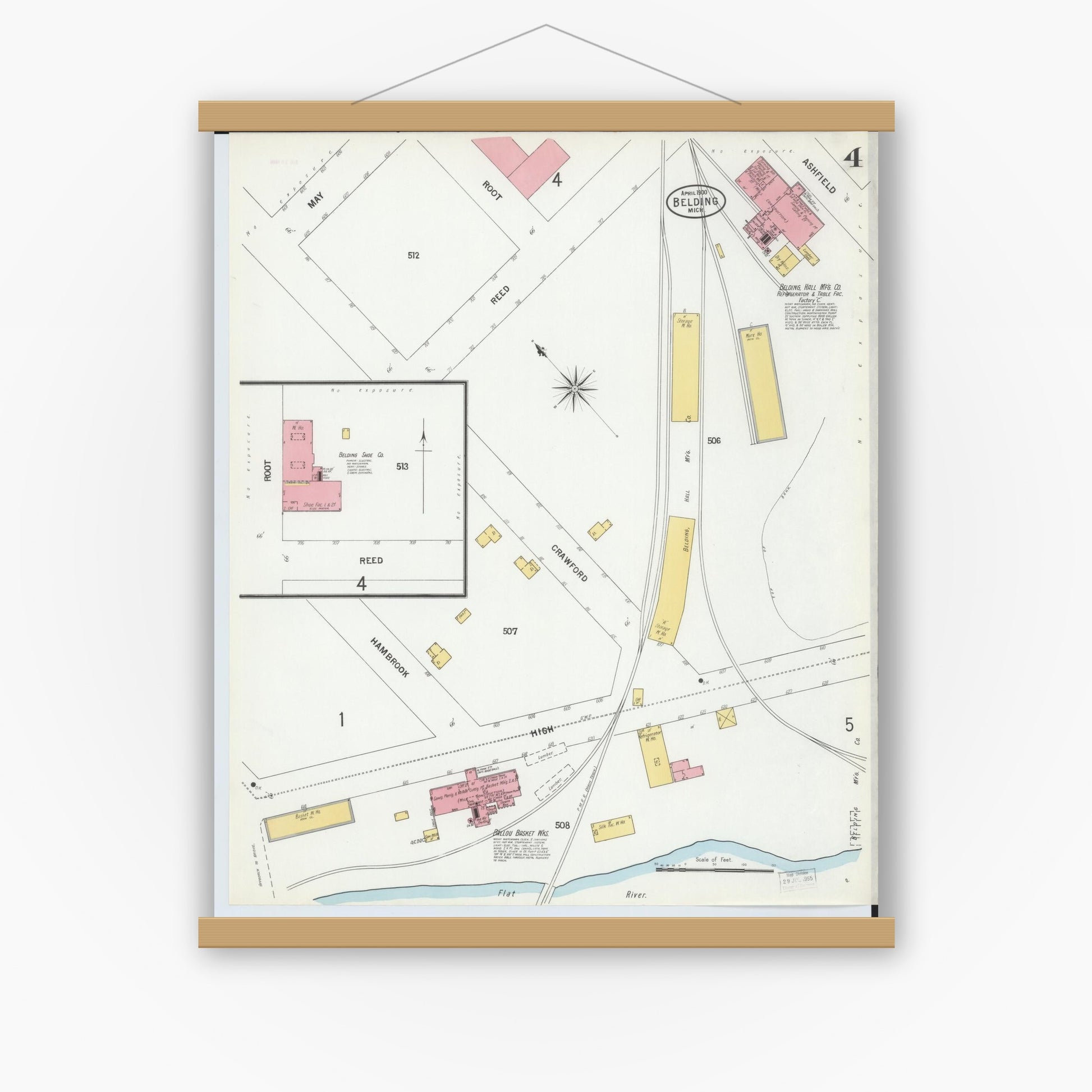 Old map wall art mockup — magnetic wood frame on white wall — Sanborn Fire Insurance Map from Belding, Ionia County, Michigan (1900), Sheet #0004