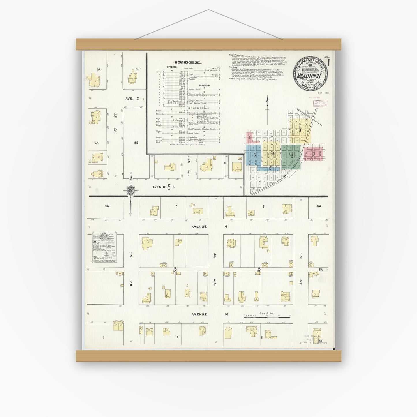 Old map wall art mockup — magnetic wood frame on white wall — Sanborn Fire Insurance Map from Midlothian, Ellis County, Texas (1910), Sheet #0001