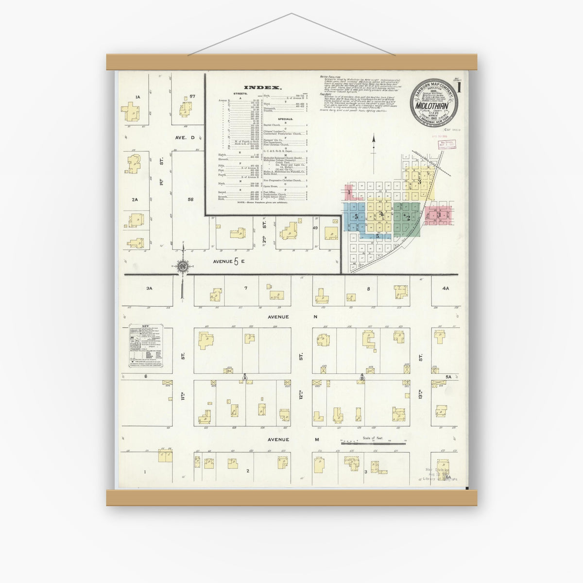Old map wall art mockup — magnetic wood frame on white wall — Sanborn Fire Insurance Map from Midlothian, Ellis County, Texas (1910), Sheet #0001