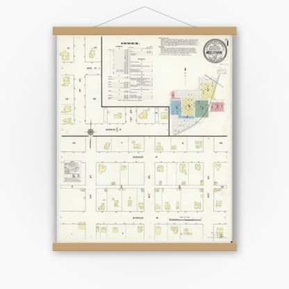 Old map wall art mockup — magnetic wood frame on white wall — Sanborn Fire Insurance Map from Midlothian, Ellis County, Texas (1910), Sheet #0001