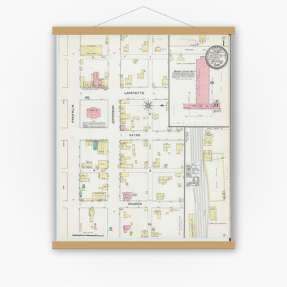 Old map wall art mockup — magnetic wood frame on white wall — Sanborn Fire Insurance Map from Monroe, Union County, North Carolina (1892) - Complete Map Set