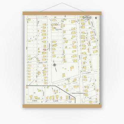 Old map wall art mockup — magnetic wood frame on white wall — Sanborn Fire Insurance Map from Montpelier, Blackford County, Indiana (1910), Sheet #0008