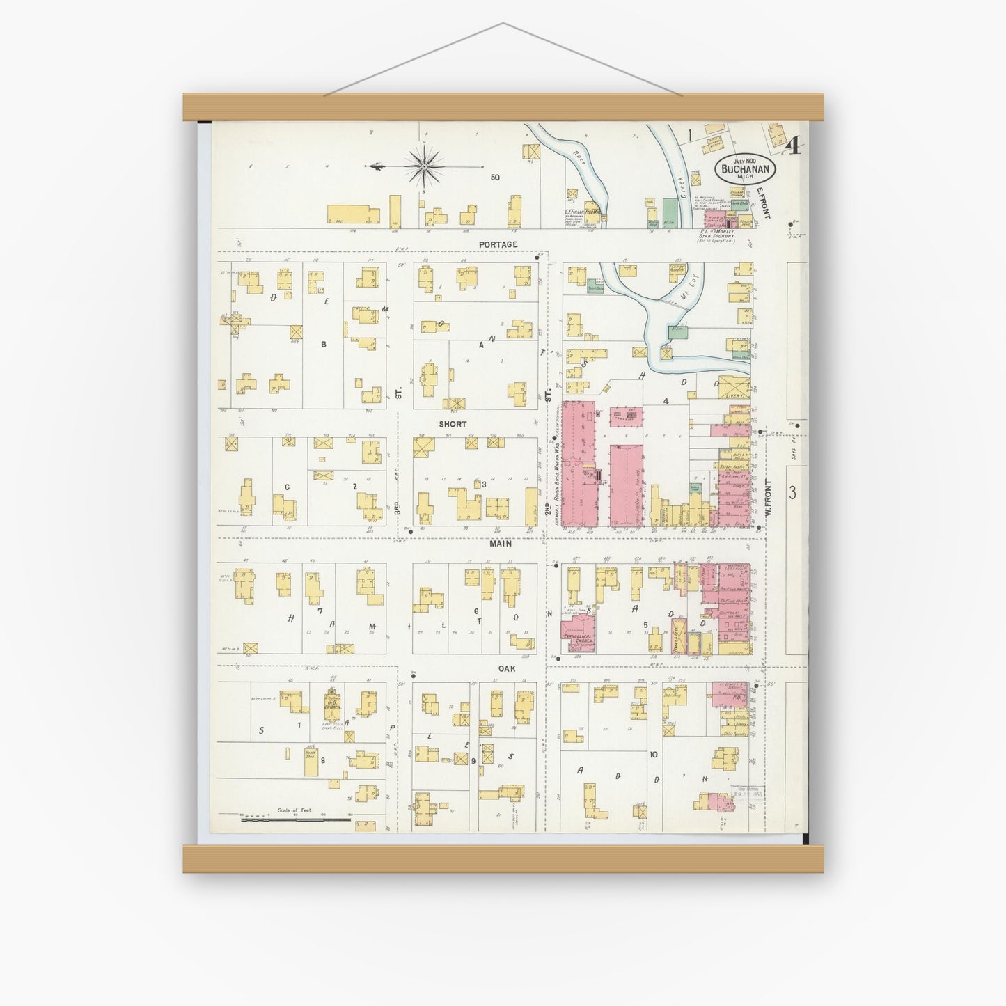 Old map wall art mockup — magnetic wood frame on white wall — Sanborn Fire Insurance Map from Buchanan, Berrien County, Michigan (1900), Sheet #0004
