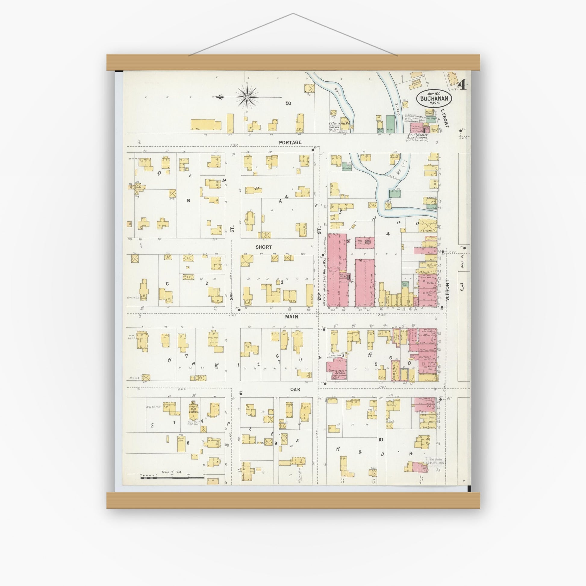 Old map wall art mockup — magnetic wood frame on white wall — Sanborn Fire Insurance Map from Buchanan, Berrien County, Michigan (1900), Sheet #0004