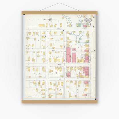 Old map wall art mockup — magnetic wood frame on white wall — Sanborn Fire Insurance Map from Buchanan, Berrien County, Michigan (1900), Sheet #0004