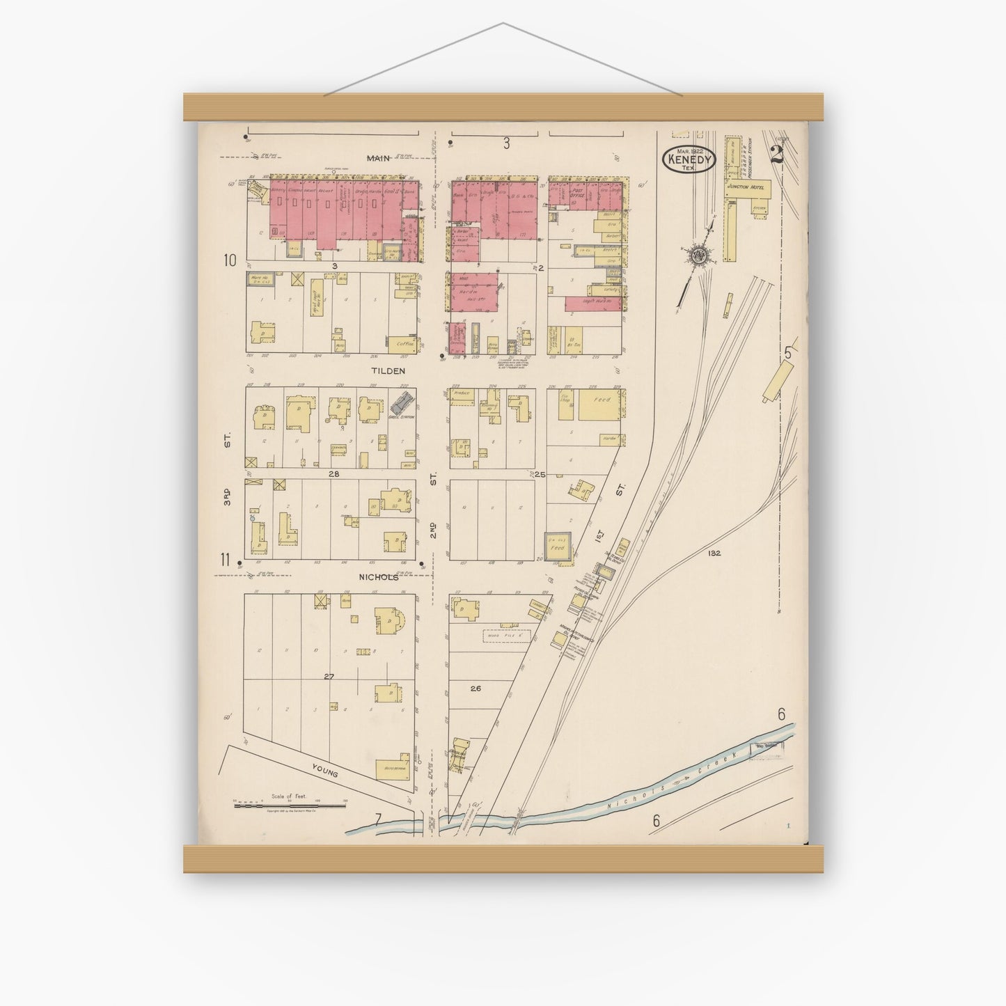 Old map wall art mockup — magnetic wood frame on white wall — Sanborn Fire Insurance Map from Kenedy, Karnes County, Texas (1922), Sheet #0002