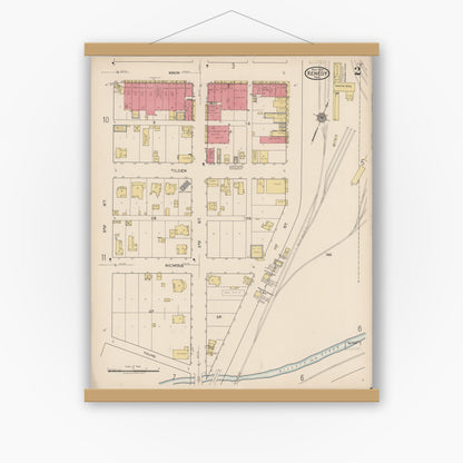 Old map wall art mockup — magnetic wood frame on white wall — Sanborn Fire Insurance Map from Kenedy, Karnes County, Texas (1922), Sheet #0002