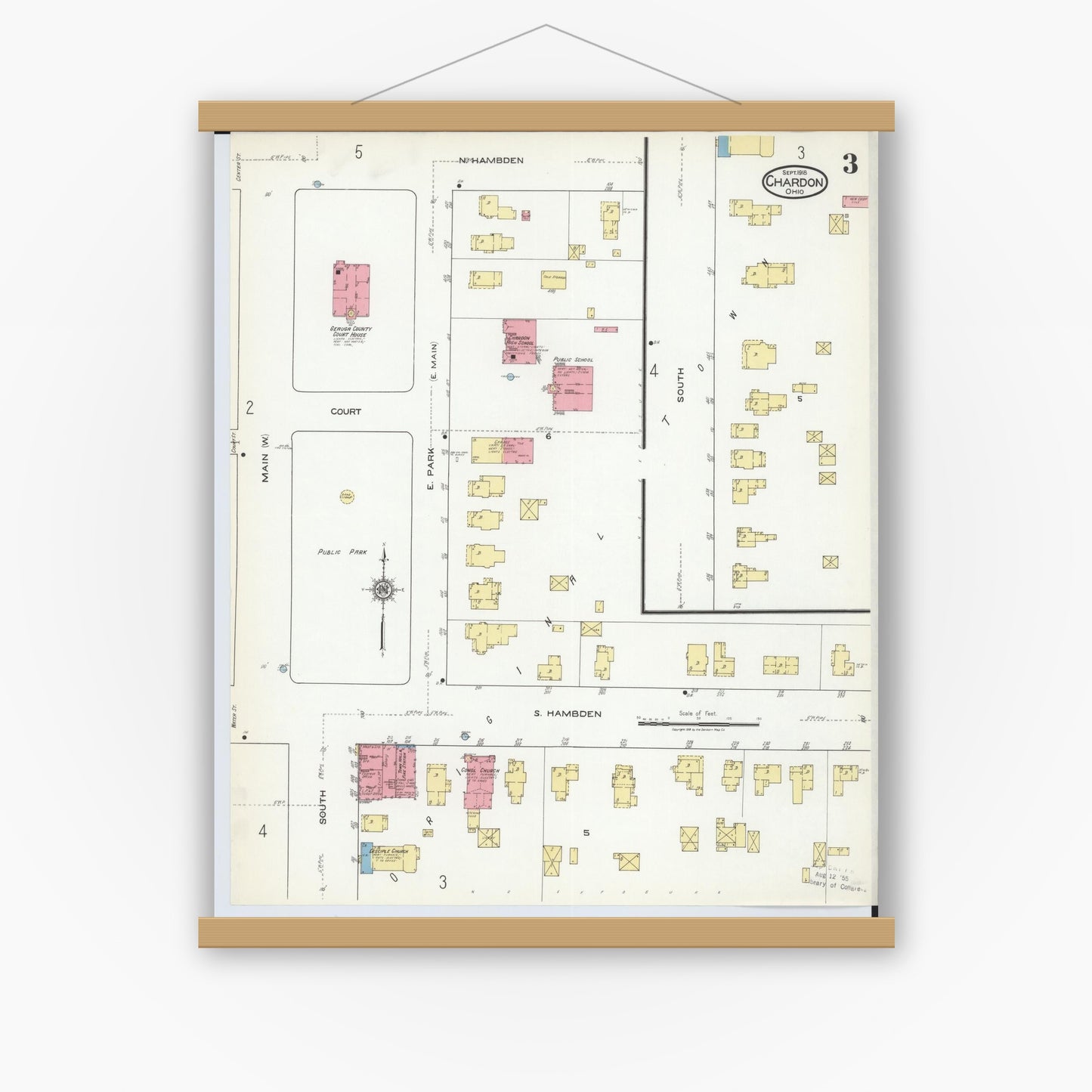 Old map wall art mockup — magnetic wood frame on white wall — Sanborn Fire Insurance Map from Chardon, Geauga County, Ohio (1918), Sheet #0003