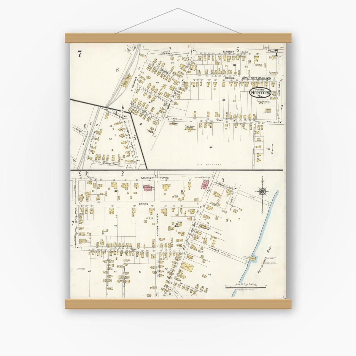Old map wall art mockup — magnetic wood frame on white wall — Sanborn Fire Insurance Map from Hertford, Perquimans County, North Carolina (1923), Sheet #0007