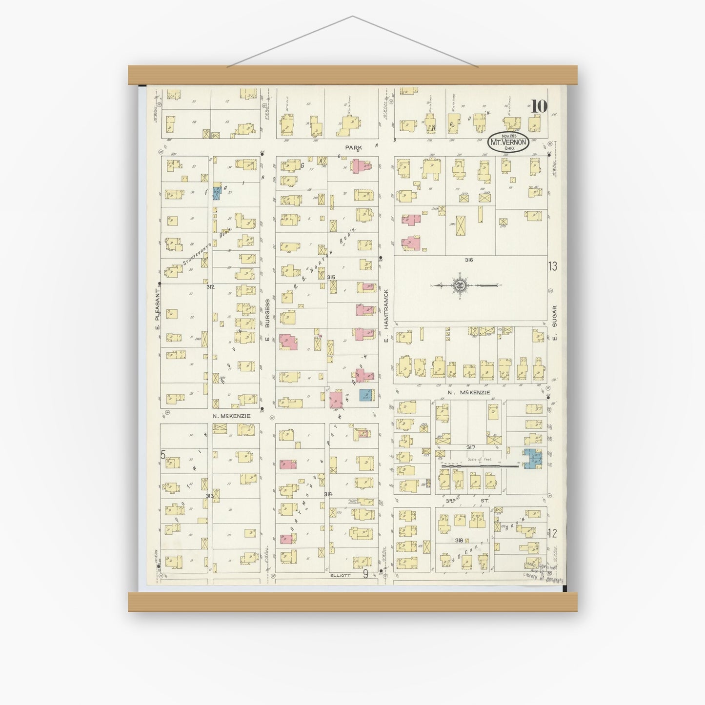Old map wall art mockup — magnetic wood frame on white wall — Sanborn Fire Insurance Map from Mount Vernon, Knox County, Ohio (1913), Sheet #0010