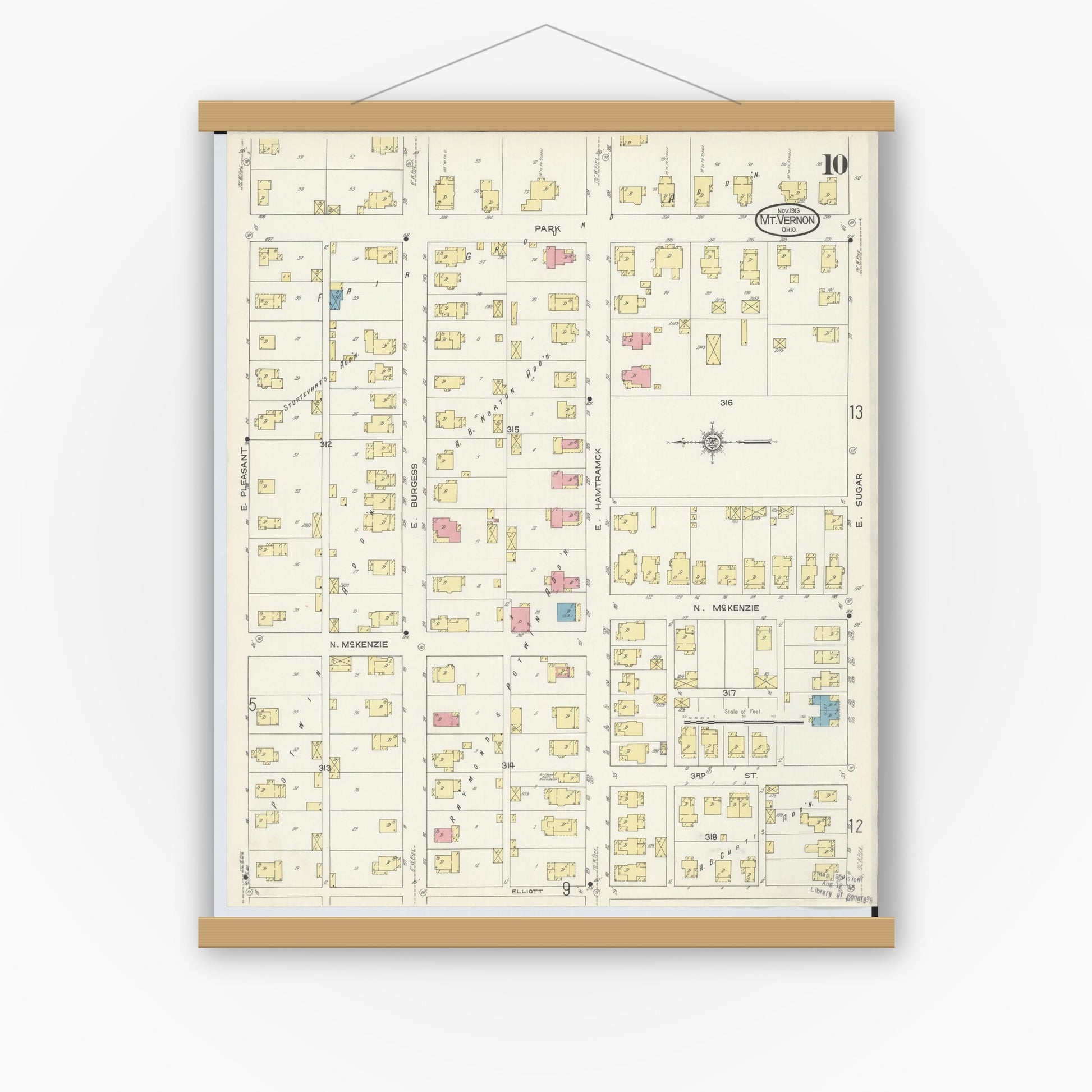 Old map wall art mockup — magnetic wood frame on white wall — Sanborn Fire Insurance Map from Mount Vernon, Knox County, Ohio (1913), Sheet #0010