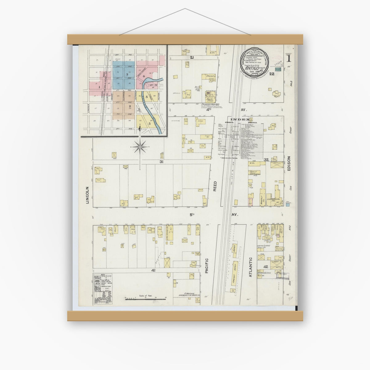 Old map wall art mockup — magnetic wood frame on white wall — Sanborn Fire Insurance Map from Antigo, Langlade County, Wisconsin (1889) - Complete Map Set