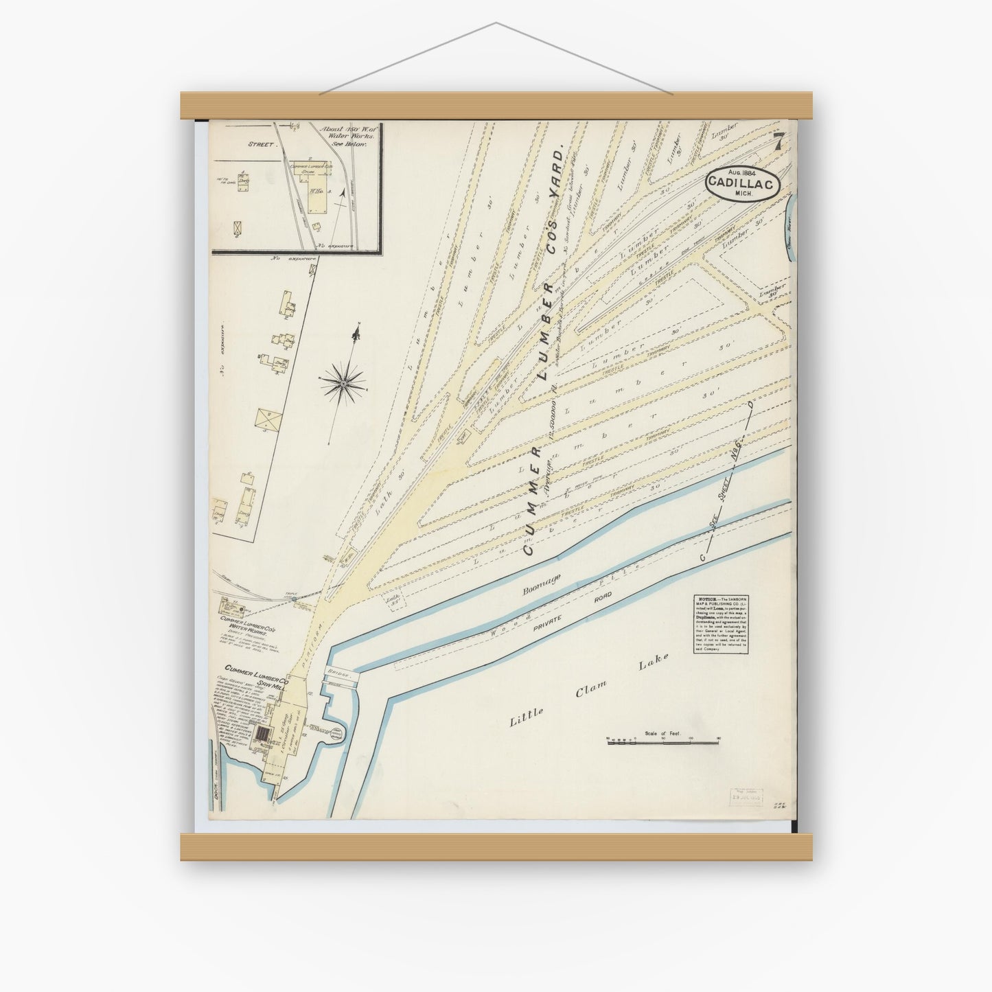 Old map wall art mockup — magnetic wood frame on white wall — Sanborn Fire Insurance Map from Cadillac, Wexford County, Michigan (1884), Sheet #0007