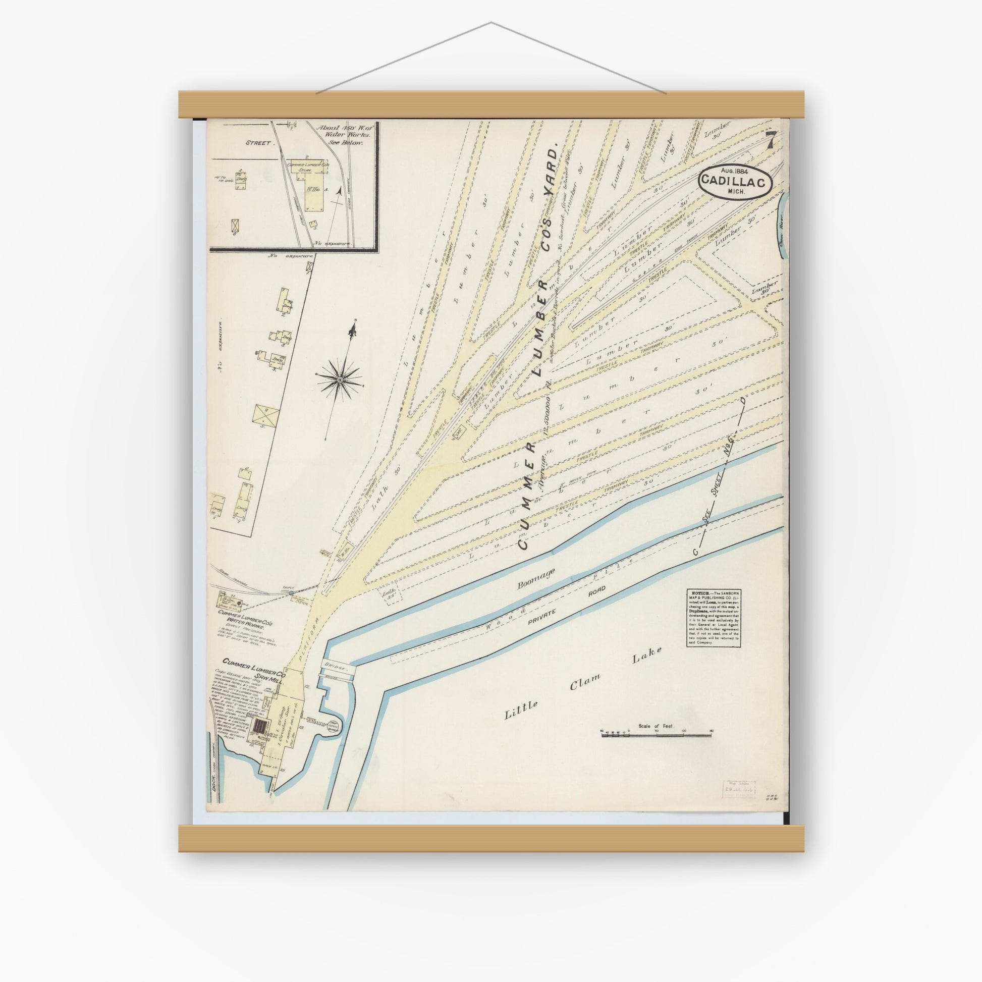 Old map wall art mockup — magnetic wood frame on white wall — Sanborn Fire Insurance Map from Cadillac, Wexford County, Michigan (1884), Sheet #0007