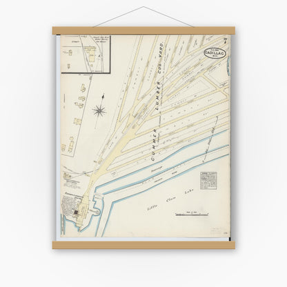 Old map wall art mockup — magnetic wood frame on white wall — Sanborn Fire Insurance Map from Cadillac, Wexford County, Michigan (1884), Sheet #0007